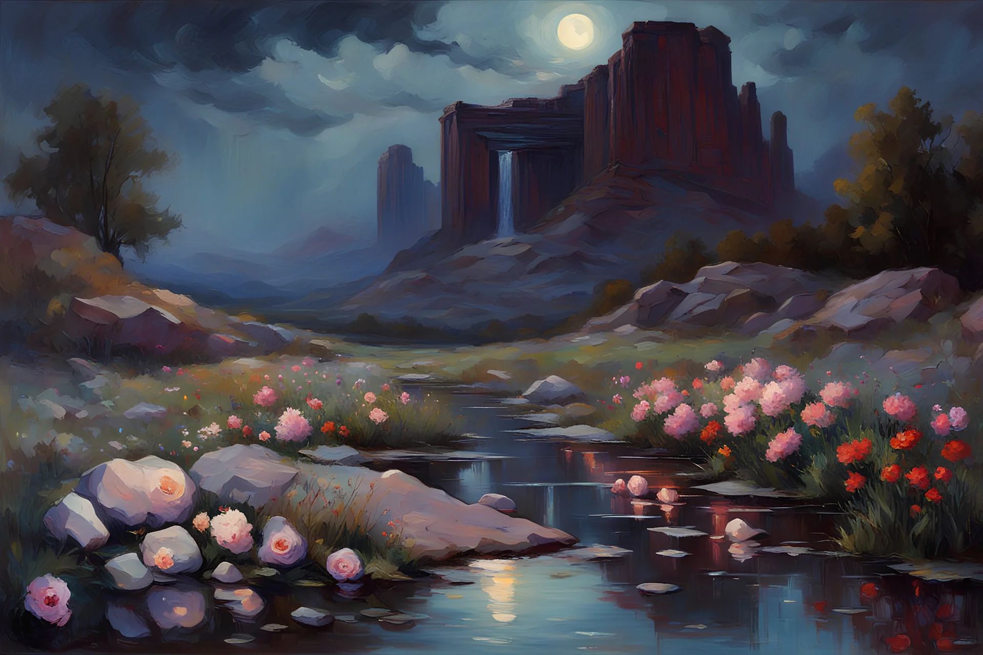Night, clouds, flowers, rocks, puddle, mountains, sci-fi, epic, wilfrid de glehn and rodolphe wytsman impressionism paintings