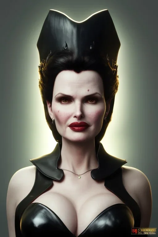 Geena Davis as evil queen in black leather, leather, busty, cleavage, angry, rage, stern look. character design by cory loftis, fenghua zhong, ryohei hase, ismail inceoglu and ruan jia. unreal engine 5, artistic lighting, highly detailed, photorealistic, fantasy