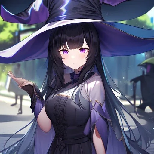 Clear focus,High resolution, black long fluffy hair, long fluffy bangs, purple eyes, wearing a witch outfit, wearing a short skirt, shadow