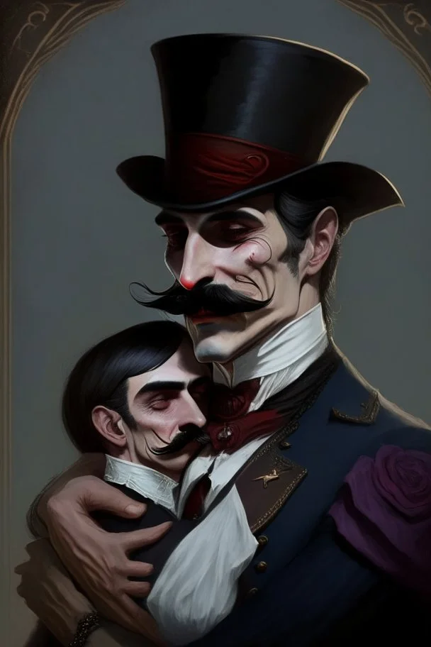 Strahd von Zarovich with a handlebar mustache wearing a top hat hugging a Harengon