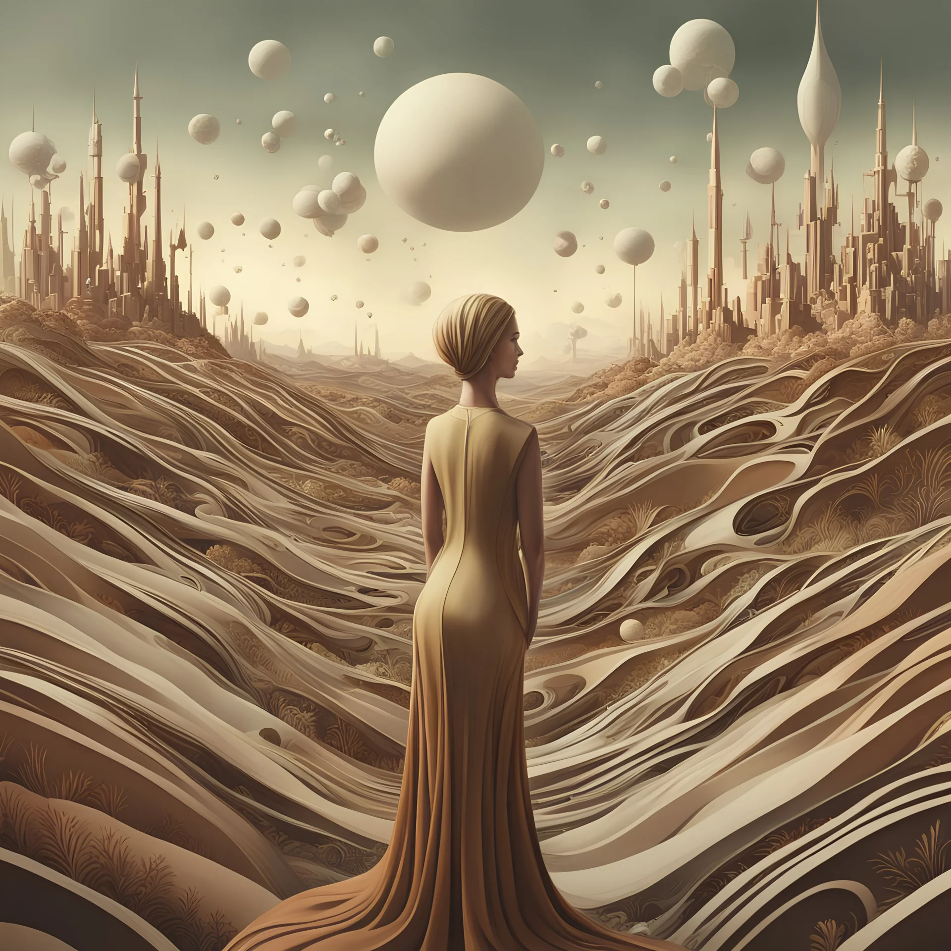 she was uncertain of how she became a victim of her own abstract thinking, her mind beset by a thousand fritillary mechanistic organisms , neo surrealism, biomorphic , striking, atmospheric, dreamlike, enigmatic, in the style of Yves Tanguy , Kay Sage in soft organic colors, hyper detailed , cinegraphic realism, 4k