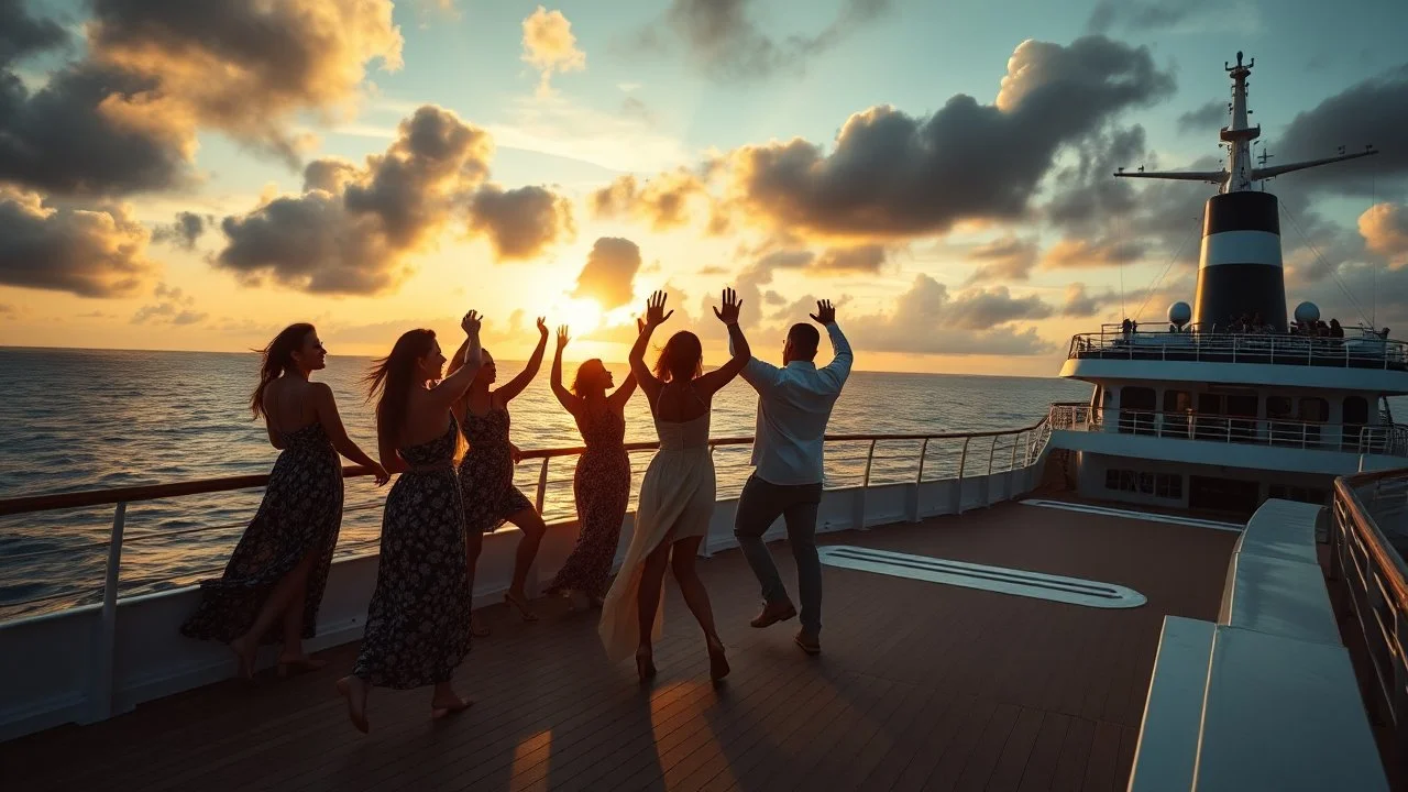 a group of young ladies and young men are dancing to camera on deck of a huge moder ship in oceion ,cloudy sun set sky