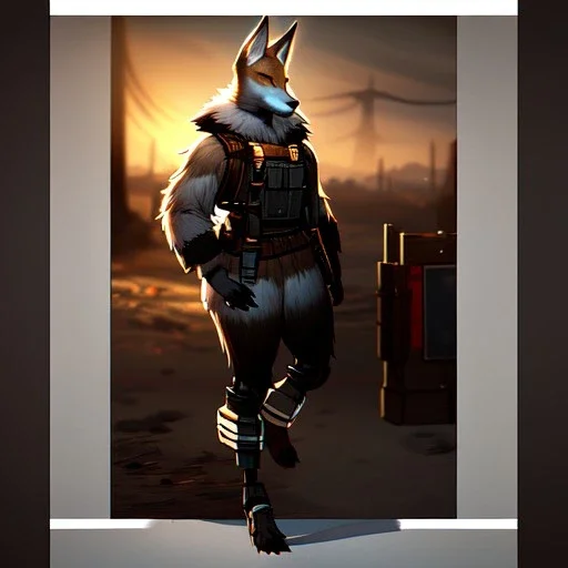 a fox fursona, darker colors, master quality, backlighting, soft lights, full body portrait, in frame, 8k, dark color pallet, perfectly drawn face, well drawn, BioShock, realistic, humanoid, furry, cyberpunk, digitigrade legs, fur,