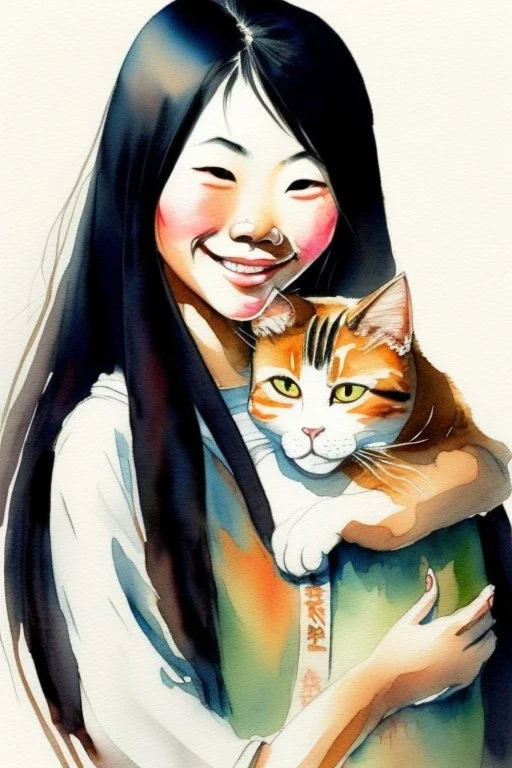 A cute smiling asian girl is holding a cat. Watercolour