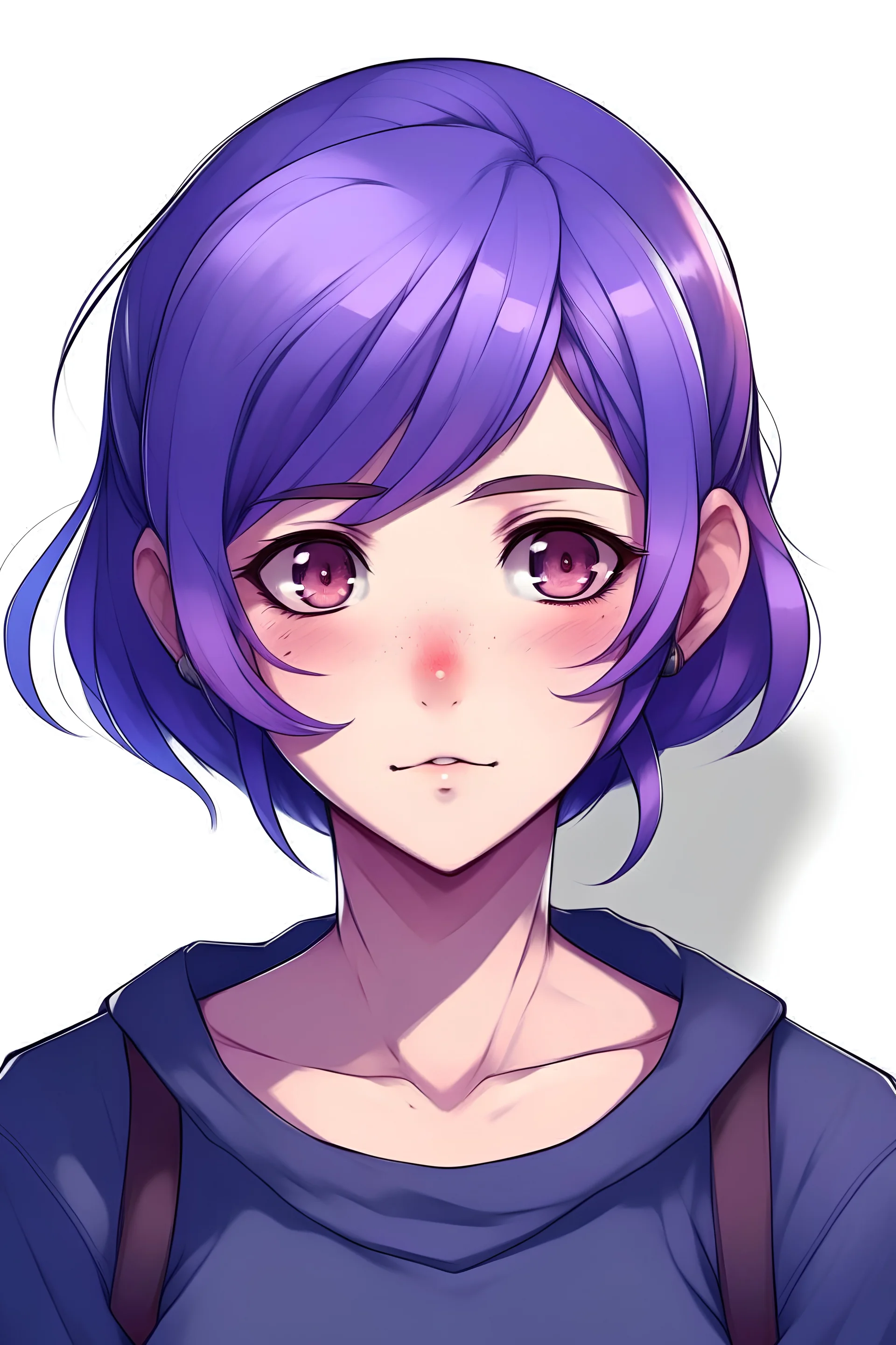 a strong, introverted girl with short, purple hair and eyes (anime style)