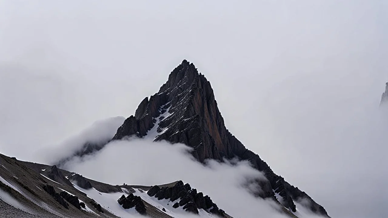 looking up at a single sharp narrow mountain, the peak obscured by clouds and fog.