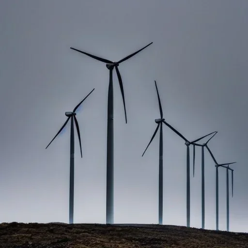 Thousands vertical wind turbines. Heavy cold rain. Strong wind. An engineer looking up. Futuristic scenary. Metallic mist.