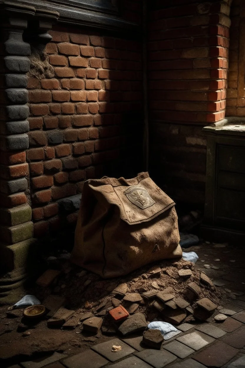 in a LARGE BASEMENT, half-buried in the earth, an ancient, worn-out, worn-out, torn-side valise peeks out, from which gold coins from the time of Catherine the Great fall out. The ancient coat of arms of Russia, the double-headed eagle, is BARELY VISIBLE on the bag. There are a lot of broken bricks and earth around the bag. All in high quality 8K