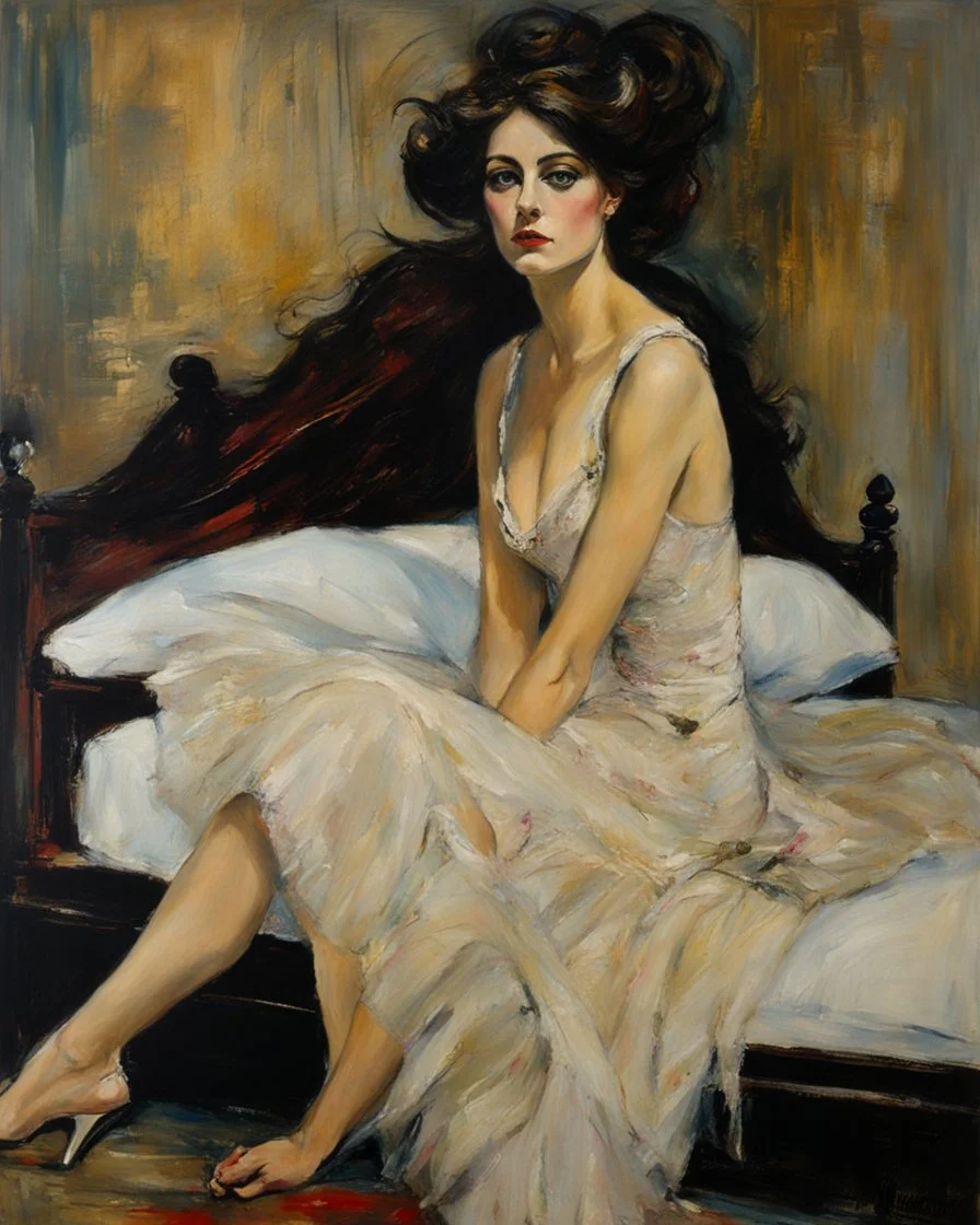 painting of a woman sitting on a bed, inspired by Giovanni Boldini, art style by B Eugene Ellison, Heather, art brut, Dystopian contemporary art