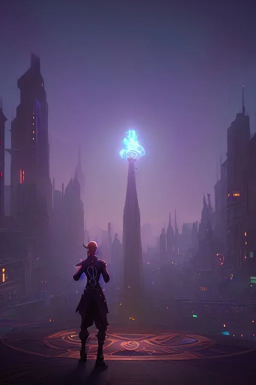 a city at night with a elf wizard who is holding a glowing orb