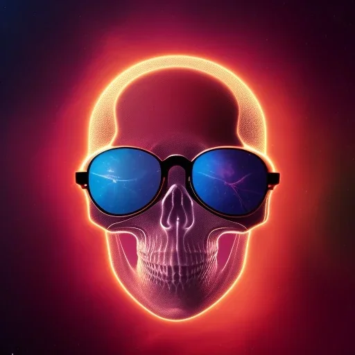 Midjourney style of detailed and intricate skull wearing red sunglasses| wearing cosmonaut suit| portrait and science fiction theme| aurora lighting| nebula and stars| stunning environment| volumetric lighting| vibrant