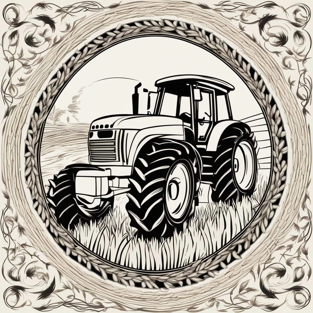 a circular frame made of spiraling wheat, a tractor at the center, black on white vector