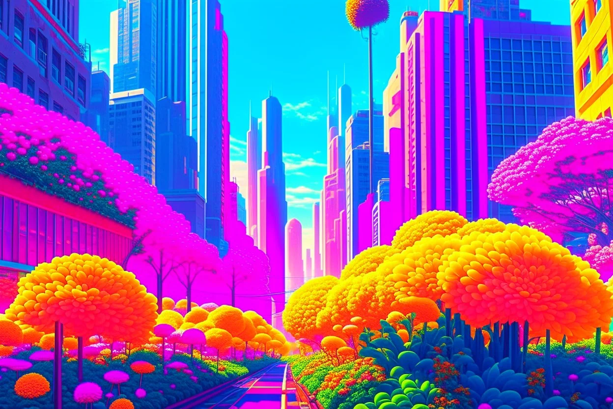 sunny day, flowers, epic, sci-fi, retrowave city