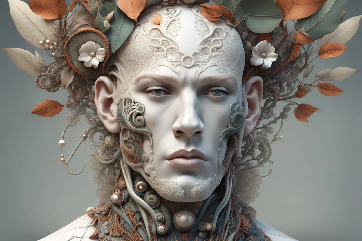 Complex 3d render ultra detailed of a handsome male porcelain profile face, biomechanical cyborg, analog, 150 mm lens, beautiful natural soft rim light, big leaves and stems, roots, fine foliage lace, colorful details, massai warrior, alexander mcqueen high fashion haute couture, pearl earring, art nouveau fashion embroidered, steampunk, intricate details, mesh wire, mandelbrot fractal, anatomical, facial muscles, cable wires, elegant, hyper realistic, ultra detailed, octane render