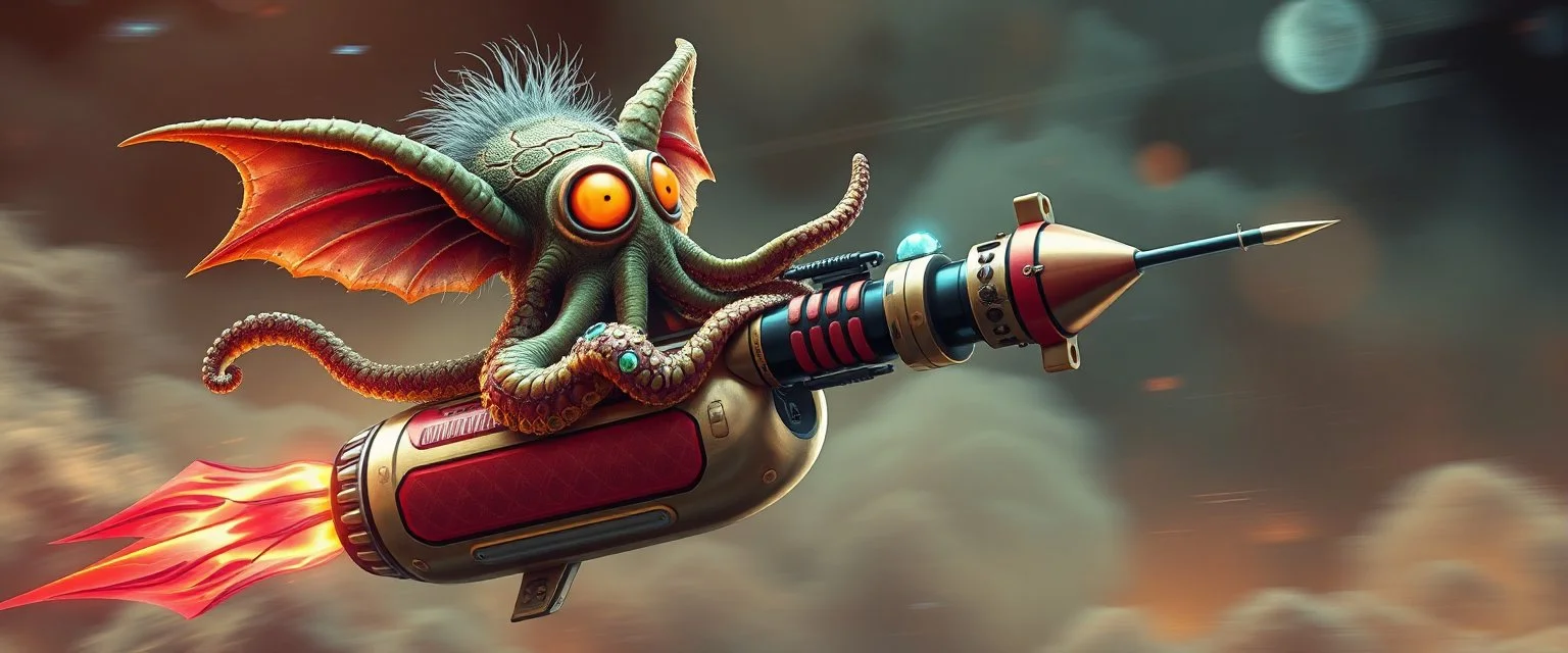 hairy macho gremlin octopus living in a hi tech marvellous hot dog art graphics and gems on rocket with a mounted sling shot mega harpoon, heading for venus , background motion blur and smoke swirls