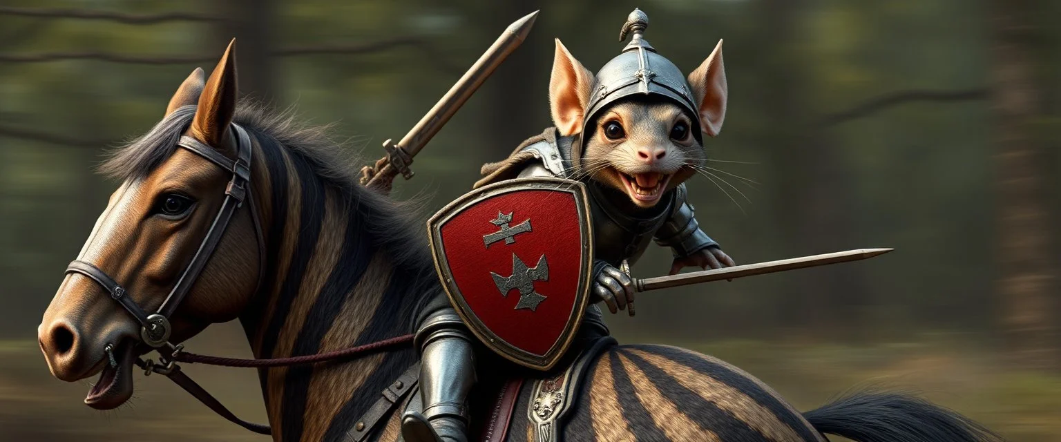 Close up on mouse. Horse jumping over a mote. Background blur. Fast Chase. The Large Gremlin with knights metal full armor, chest plate, leather in the back, helmet, and small sword and a red shield, smiling wide with white teeth, and sitting atop a weird striped pig horse, in the Style of Rembrandt and Fallout 4(Fantastical Mouse/Rat Gremlin Count) This creature blends realism with fantasy, appearing as a mythical forest dweller