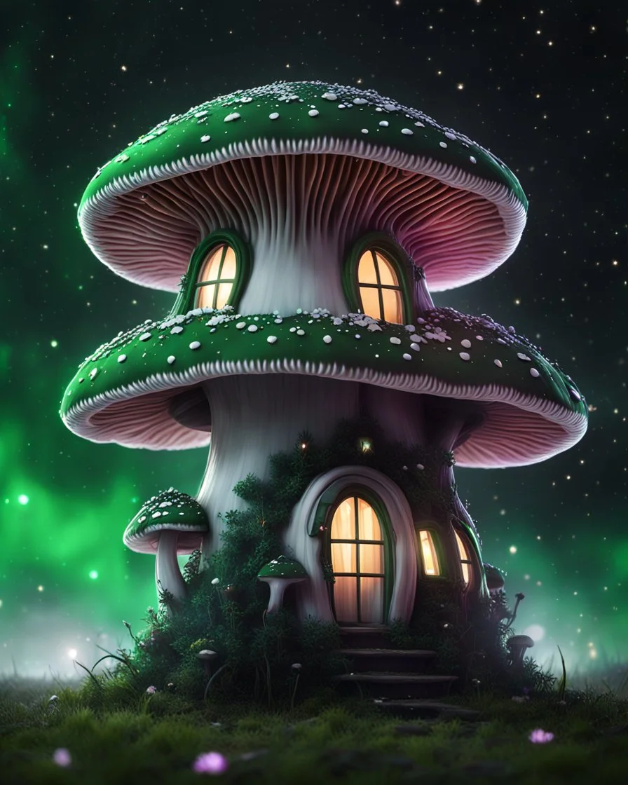 An illogically floating mushroom house on a clear night. white and white and green, Stars Dark cosmic interstellar. Detailed Matte Painting, deep color, fantastical, intricate detail, splash screen, hyperdetailed, insane depth, concept art, 8k resolution, trending on Artstation, Unreal Engine 5, color depth, backlit, splash art, dramatic, High Quality Whimsical Fun Imaginative Bubbly, perfect composition