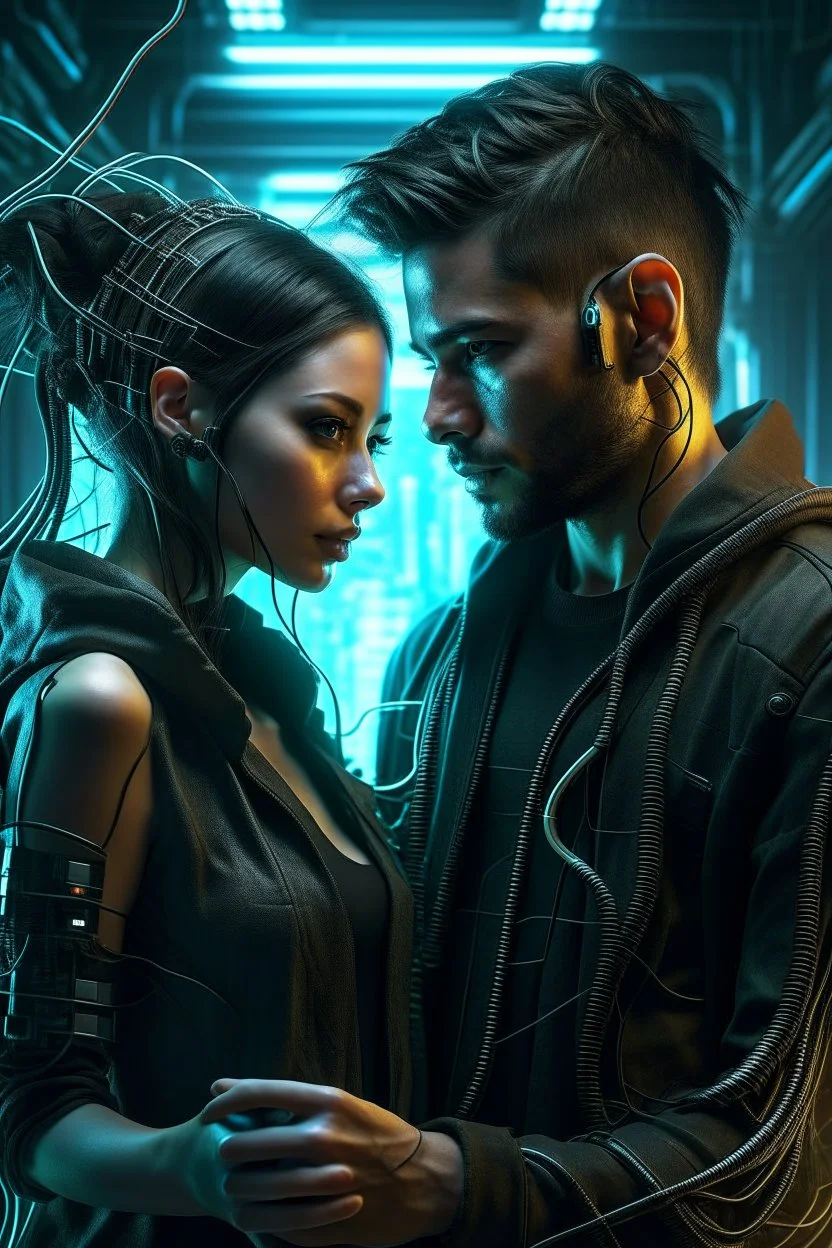 a handsome cyberpunk man connected by wires with a beautiful cyberpunk woman