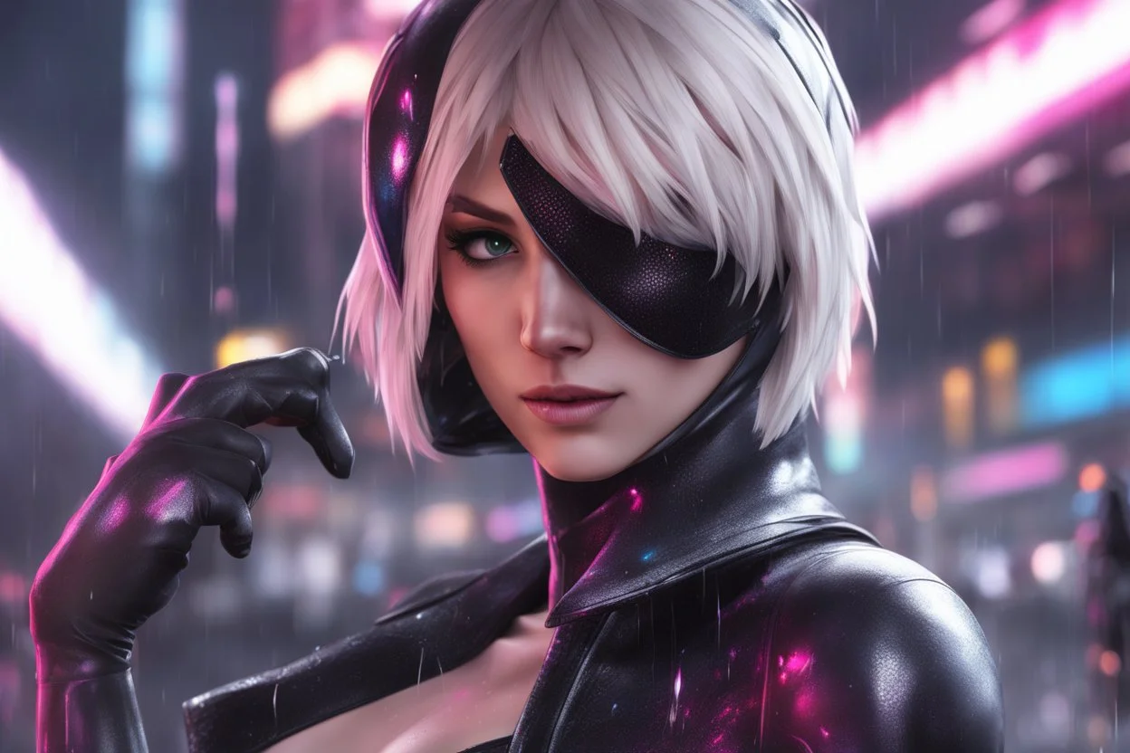 Spidergwen in 8k nier automata anime drawing style, venom them, cinematic mood, neon effect, close picture, rain, highly detailed, high details, detailed portrait, masterpiece,ultra detailed, ultra quality