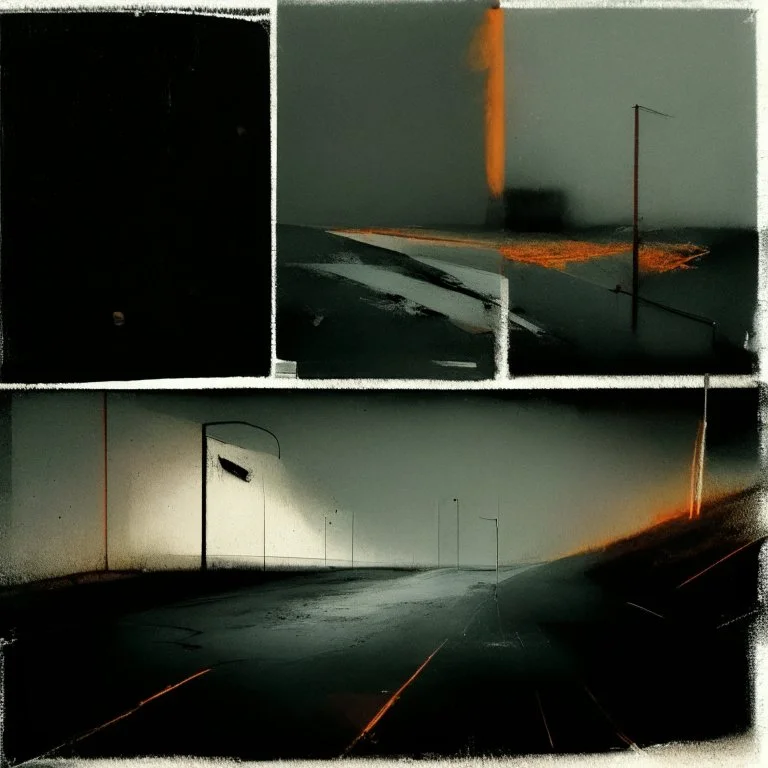 Minimal abstract oil paintings of a desolate 1960s carpark. Illuminated by a coral orange spotlights. On the floor are concrete fragments and road markings . In the dark mysterious style of Justin Mortimer and Francis Bacon.