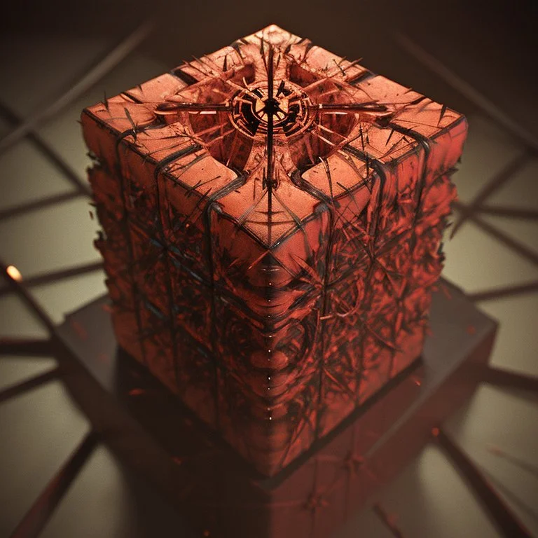 hellraiser cube of demons,movies, digital painting ,8k, digital art, award winning, octane render, 4K, 3D, Unreal Engine 5 , gold and black colours,hypperealistic,