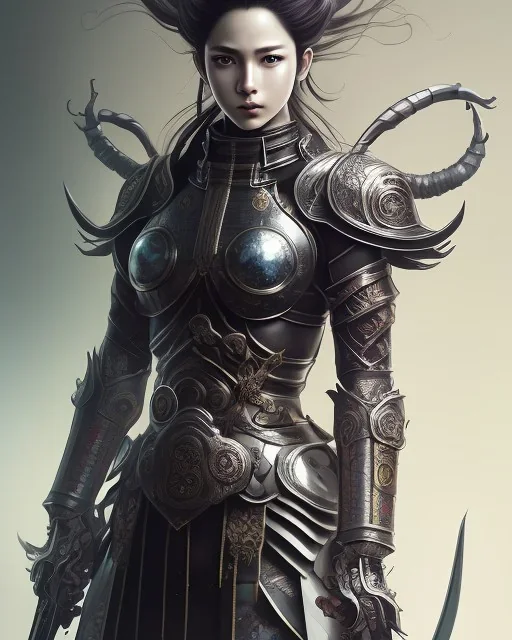 Detailed anime Kunoichi man, dark brown hair, dragon scale armour, intricate details, full body portrait, keep head in frame, slight smile, black Japanese motif, concept art, highly detailed, digital painting, concept art, sharp focus, illustration, art by Yoji Shinkawa, WLOP and greg rutkowski and alphonse mucha and artgerm and yanjun Chen and Junji ito and Makoto Shinkai, HDR, octane render