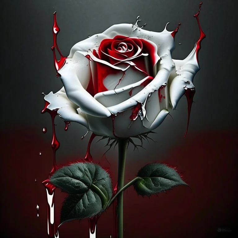 A white rose bleeding red blood from its stem