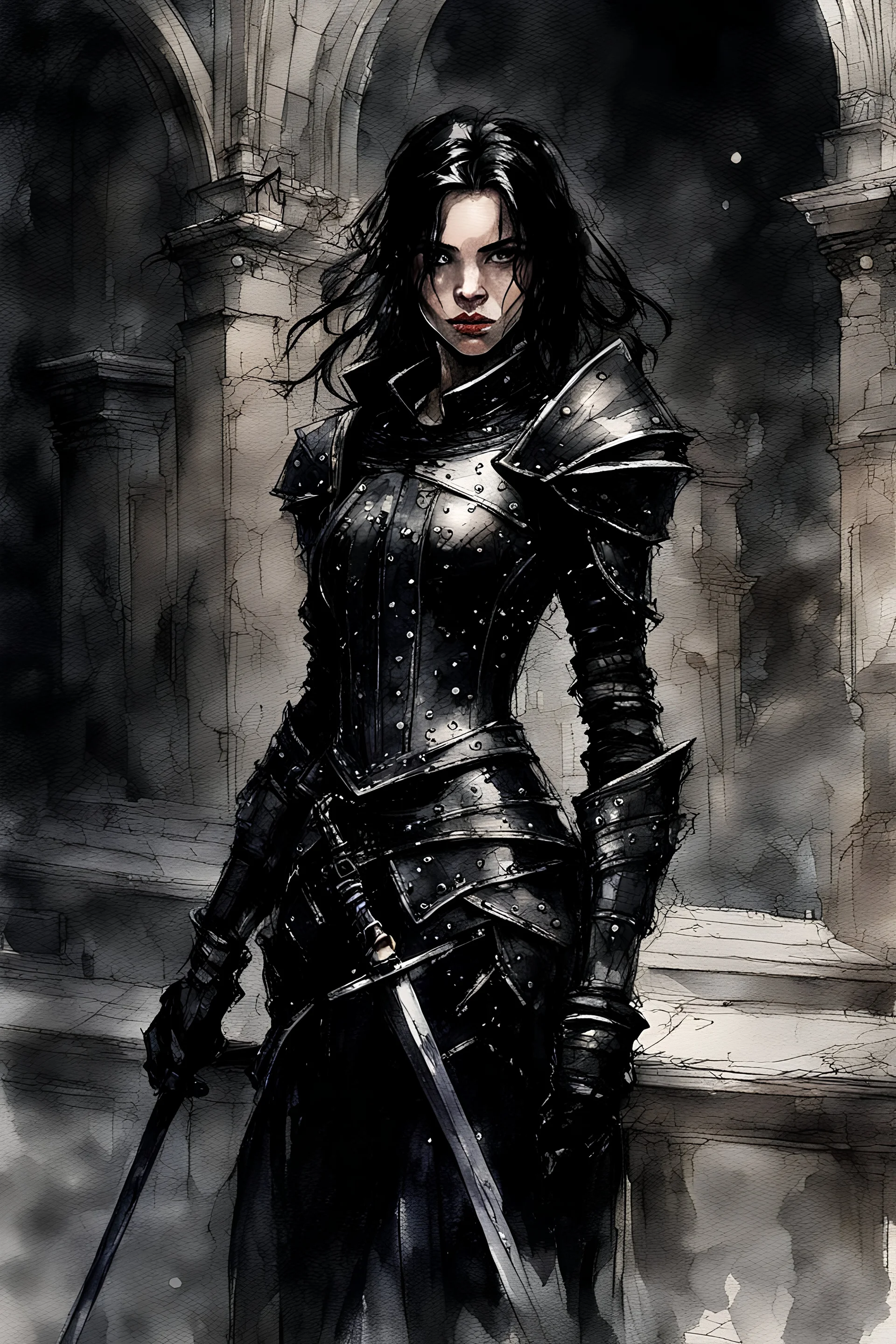 a young black-haired girl in medieval black armor on the castle grounds, watercolor, dark fantasy, bad weather, gloomy day, dark world, sketch art, fine lines, grunge, sensual, darkness, by Raymond Swanland & Alyssa Monks & Anna Razumovskaya