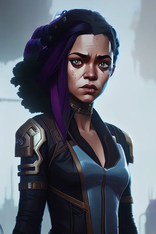 portrait,beautiful tessa thompson, long hair, post-apocalyptic in a cyberpunk city, realistic, intriacte detail, sci-fi fantasy armor style, volumetric lighting, particales,highly detailed,cinamatic, deep colours,8k