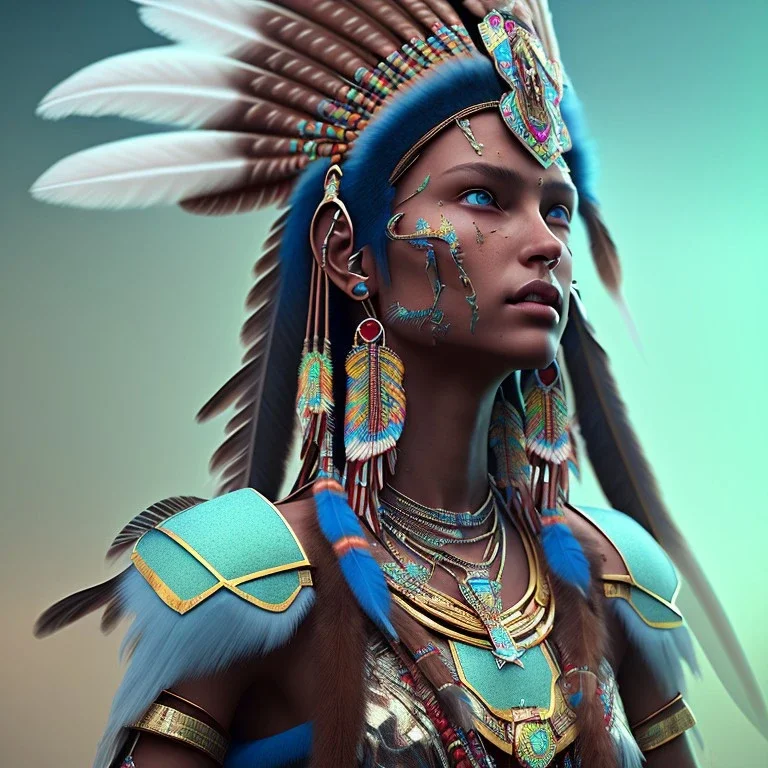 pueblo Indian, 12k, ultra high definition, finely tuned detail, unreal engine 5, octane render, ultra-realistic face, realistic headdress, detailed make-up, zia, detailed turquoise jewelry, detailed hair, detailed feathers, red glowing fire background, optimism chain