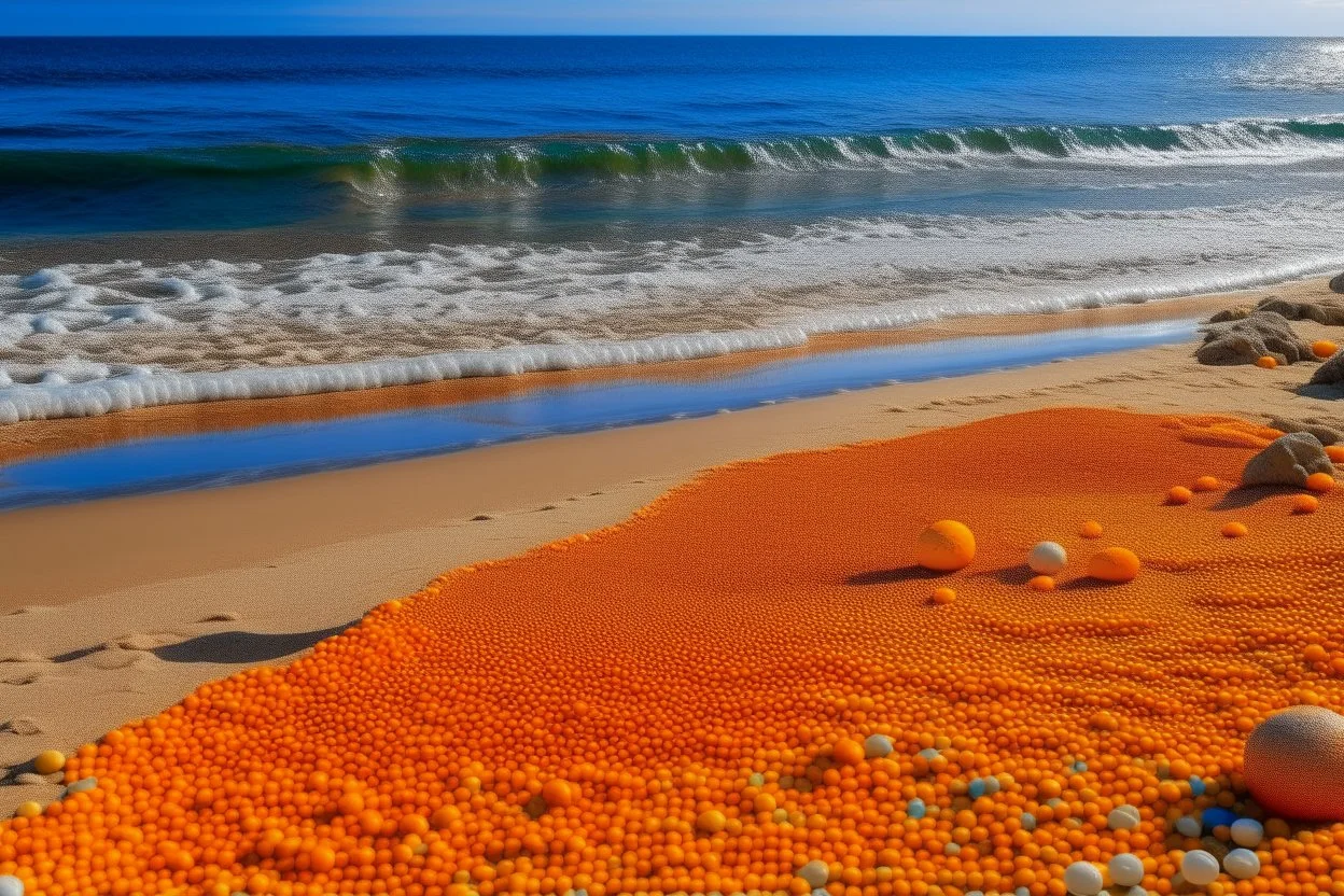 An orange colored beach with a seashore designed in Ica stones painted by Georges Seurat