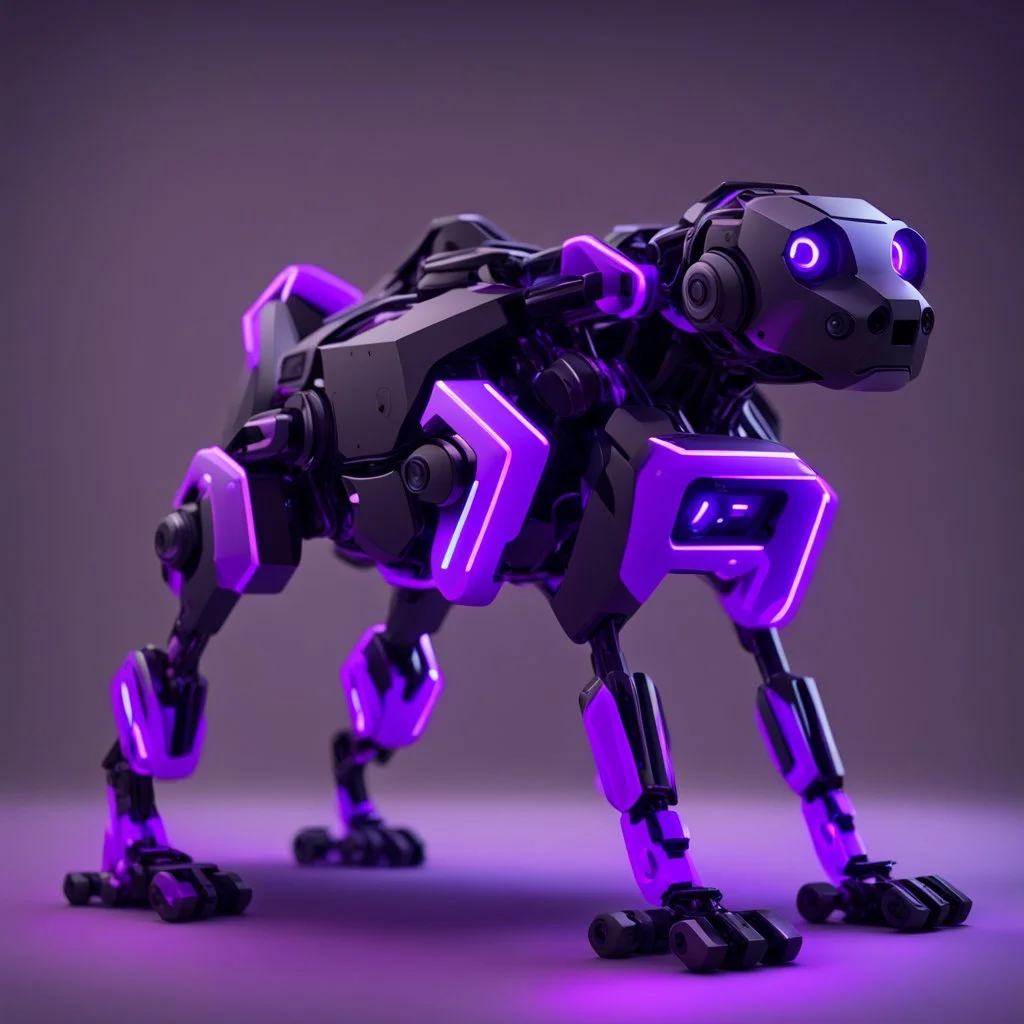 neon black and purple quadrupedal dog-like robot with a 3D hexagon head