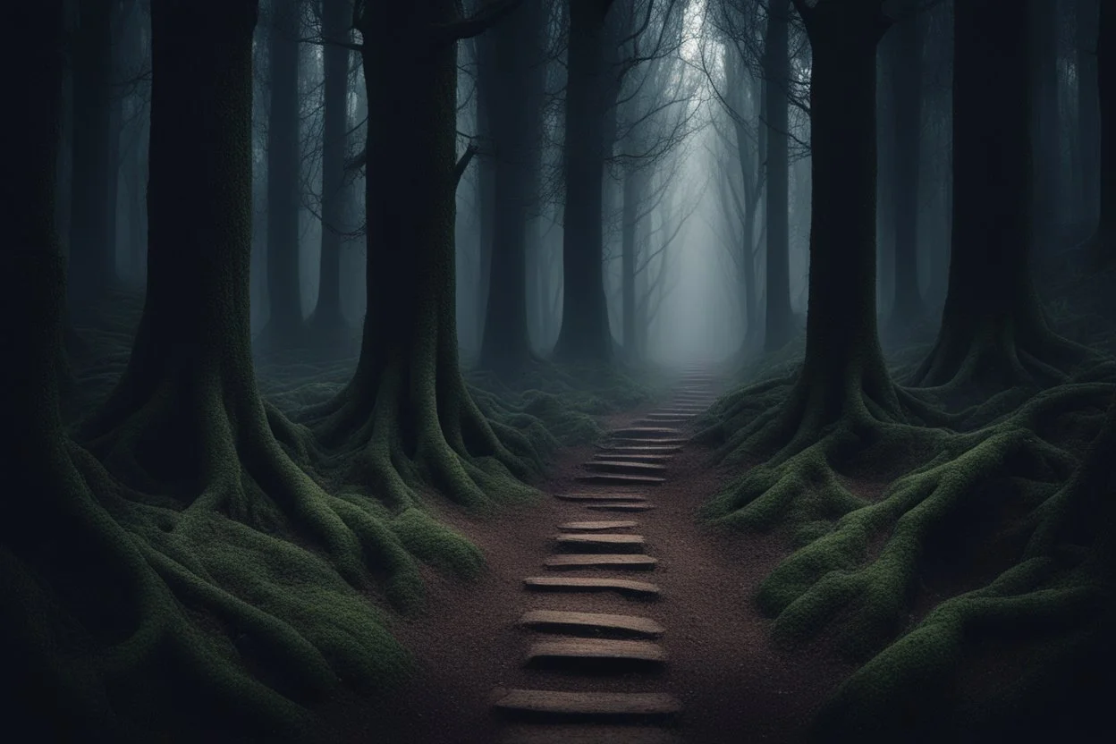 лес темный, с тропинками