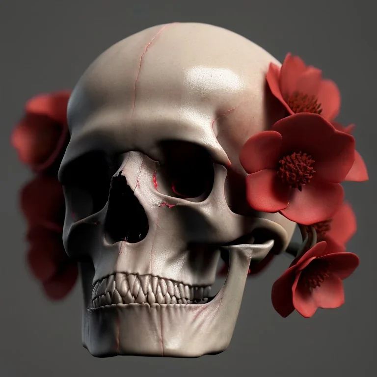 human skull , with red flowers , unreal 5