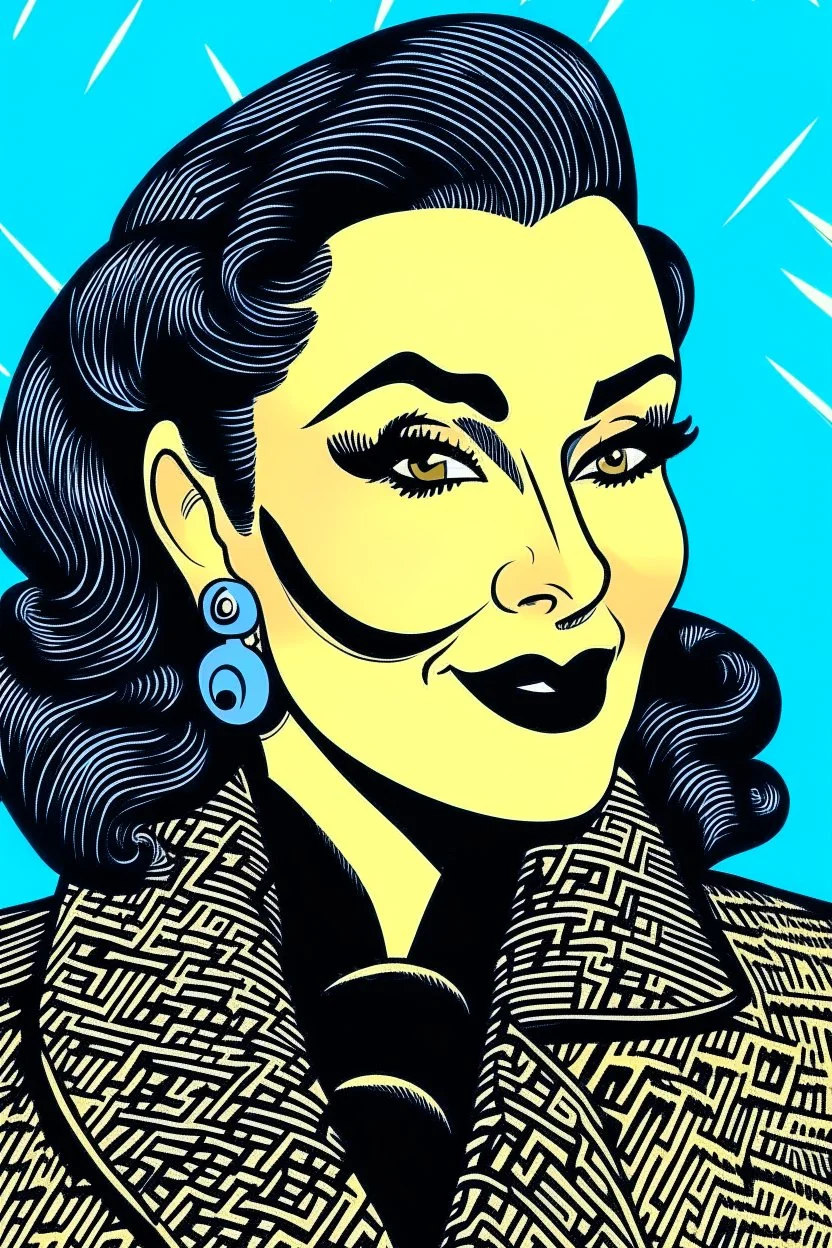 1950s cartoon hero portrait of a famous, long-headed gypsy brunette actress wearing fur and looking luxurious