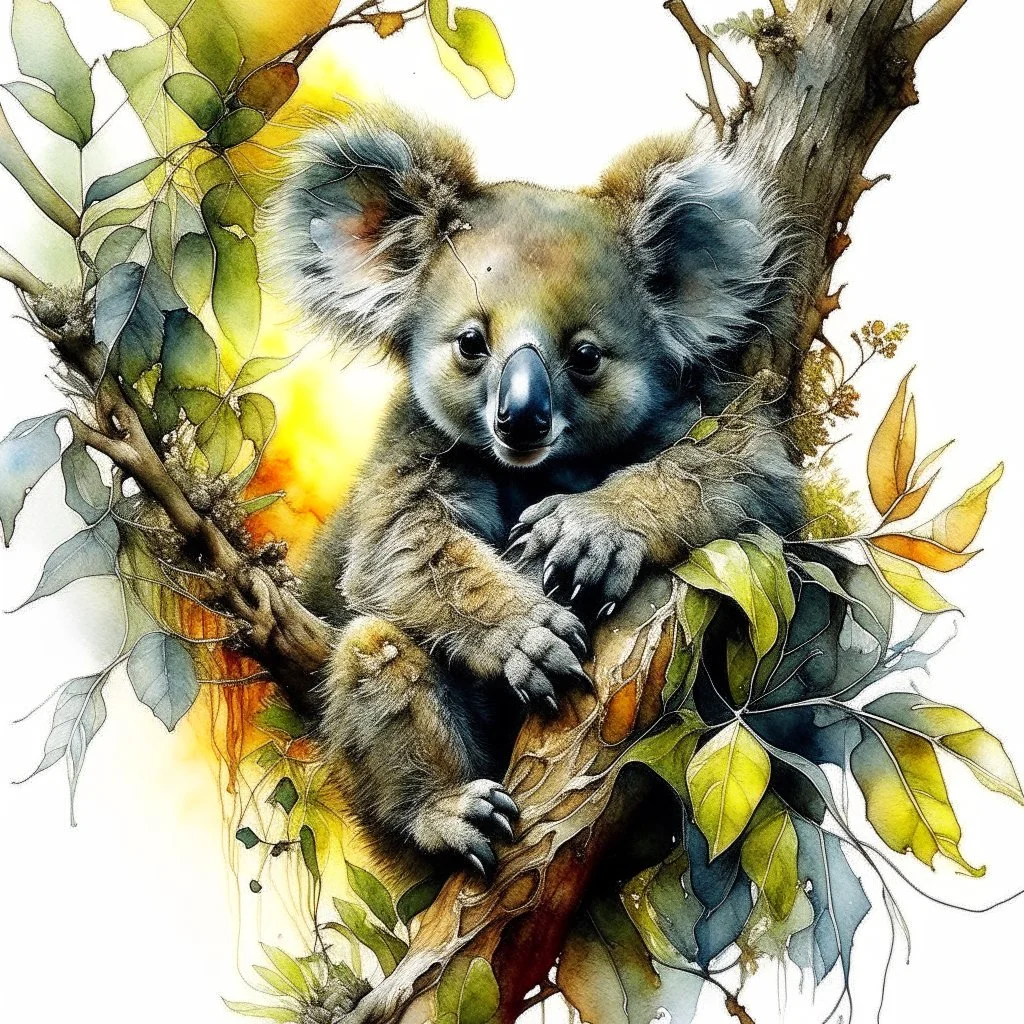 Watercolor and ink illustration of a Koala bear cub clinging to a gnarled eucalyptus branch by Guymick Cormic, reclining amidst tall grass and ferns, surrounded by dense, leafy foliage and wildflowers bathed in the amber glow of sunrise, featuring Brian Froud's fantastical influences combined with the dramatic, fluid styles of Carne Griffiths and Alberto Seveso, 60-30-10 colour harmony evident, mystical symbols interwoven, vibrant splashes Modifiers: elegant extremely detai