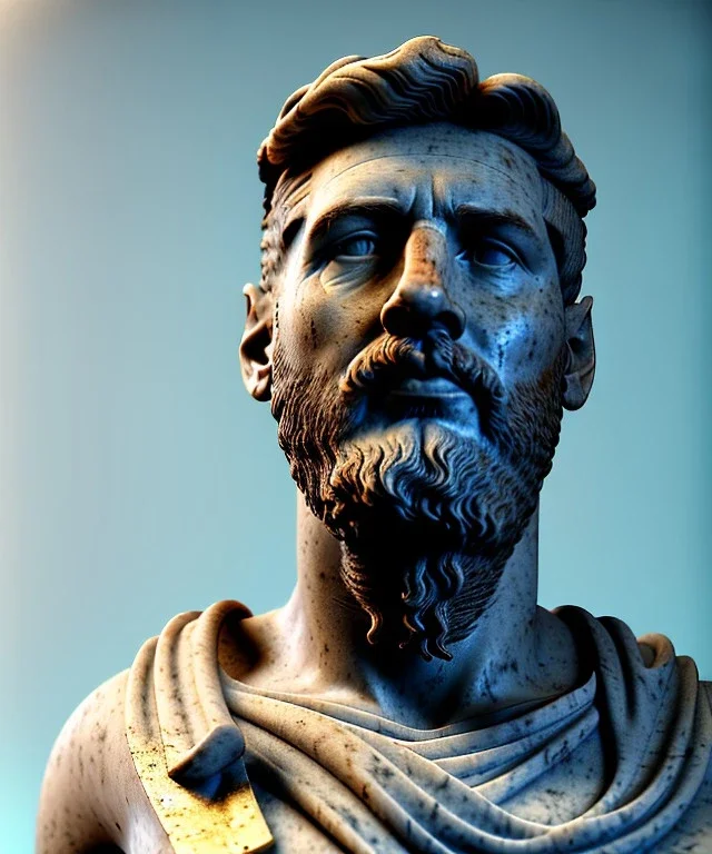 Ultra Realistic image, roman sculpture, marble deluxe material, Lionel Messi, gold radial sun crown, miguel angel style, chisel style, emperador, waist up portrait, cinematic lighting, God light, god rays, 4k resolution, smooth details, ornate details, soft lighting, unreal engine 5, sky background.