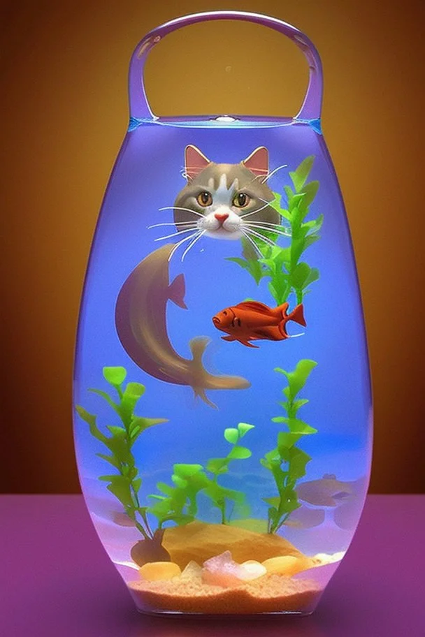 An aquarium glass cat shaped aquarium with fish, colorful fish, in an old style cozy library with a comfortable armchair to sit in and a large aquarium with fish, colorful fish