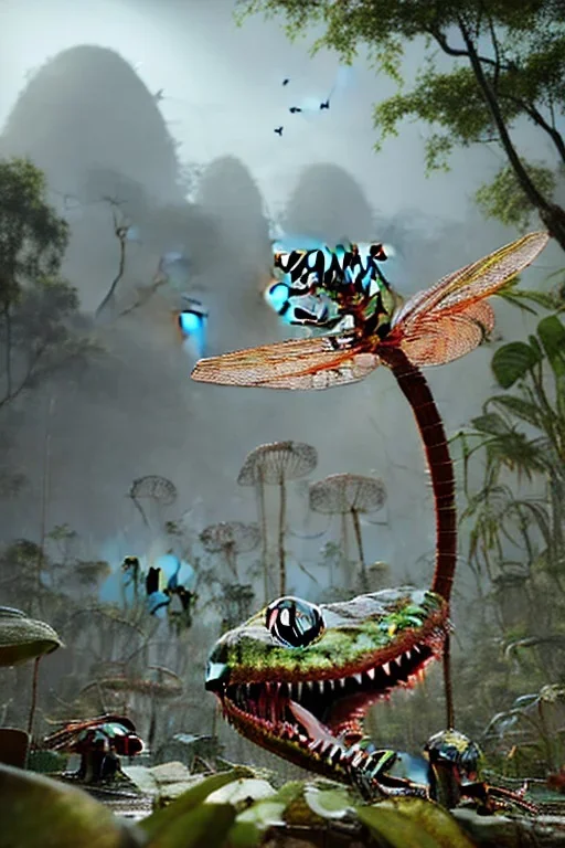 large venus fly trap with teeth eating a dragonfly, flowers, jungle, hyperrealistic, trees in background, digital art, alien like, disgusting, intricate, morbid, rainy, sinister, volumetric lighting, unreal engine, high resolution, 8k, depressing colors, dark colors, horror, horrific,