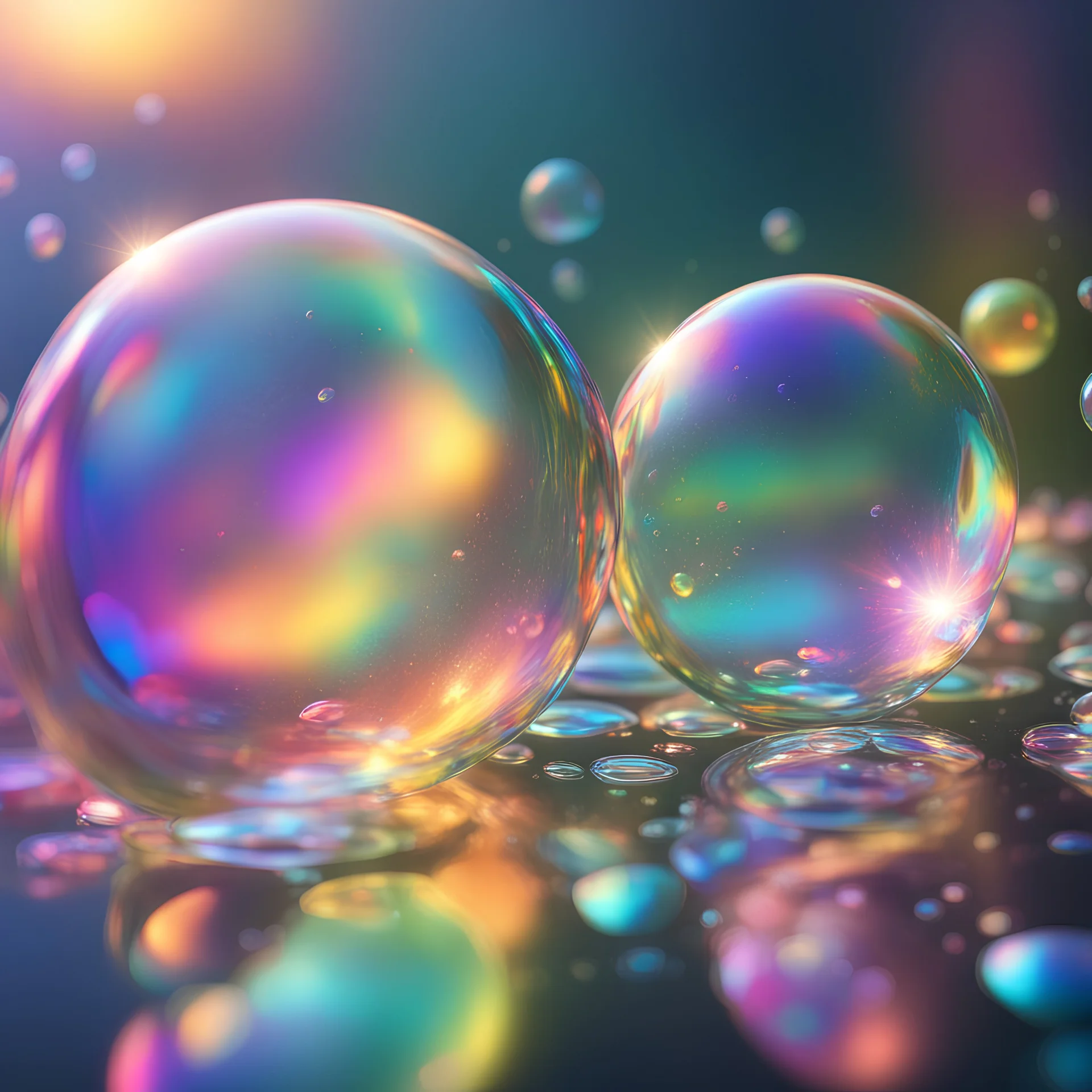 iridescent soap bubbles, summer day, cinematic lighting, dramatic oily iridescent sheen, concept art, splash art