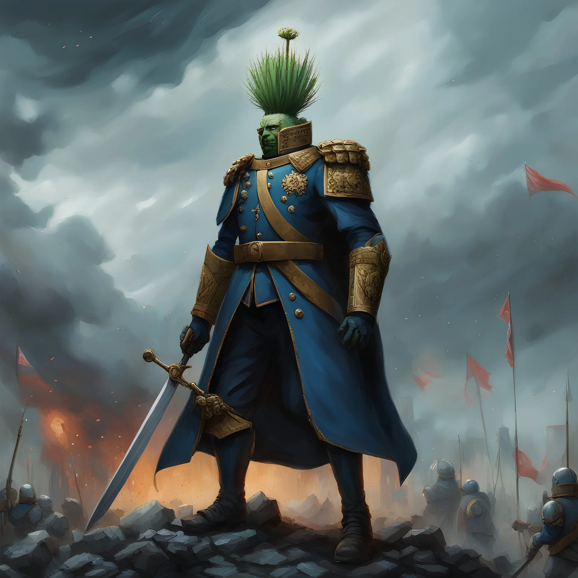 a heroic humanoid cactus wearing a blue prussian uniform, officer sabre, background a chaotic medieval battlefield, storm, dark sky, tattered banners, buildings