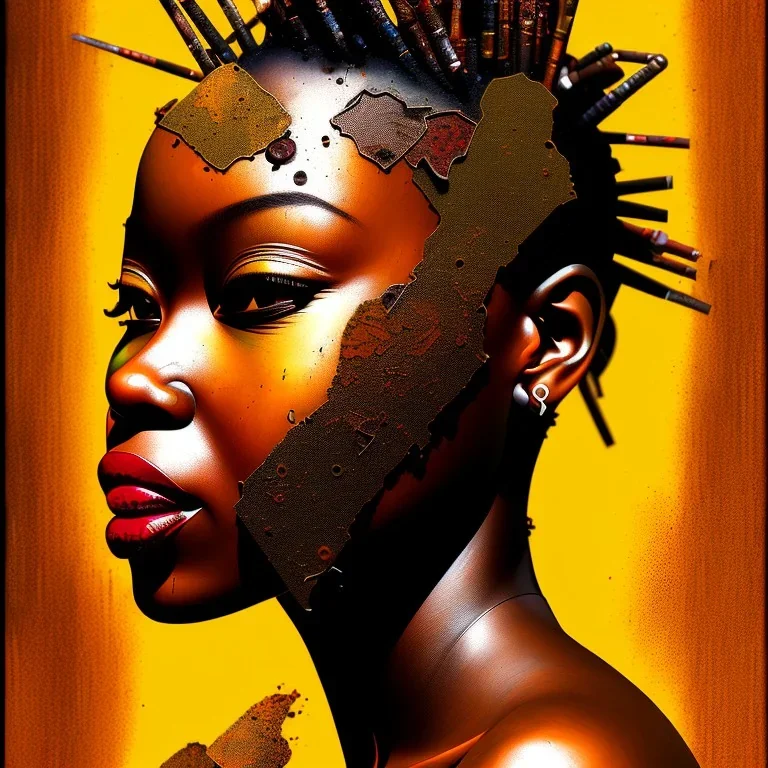 an abstract painting of rusted metal, african portrait, rust, scaffolding, iron cladding, decay, mixed media, textured, anatomically correct, beautiful perfect face, sharp focus, highly detailed