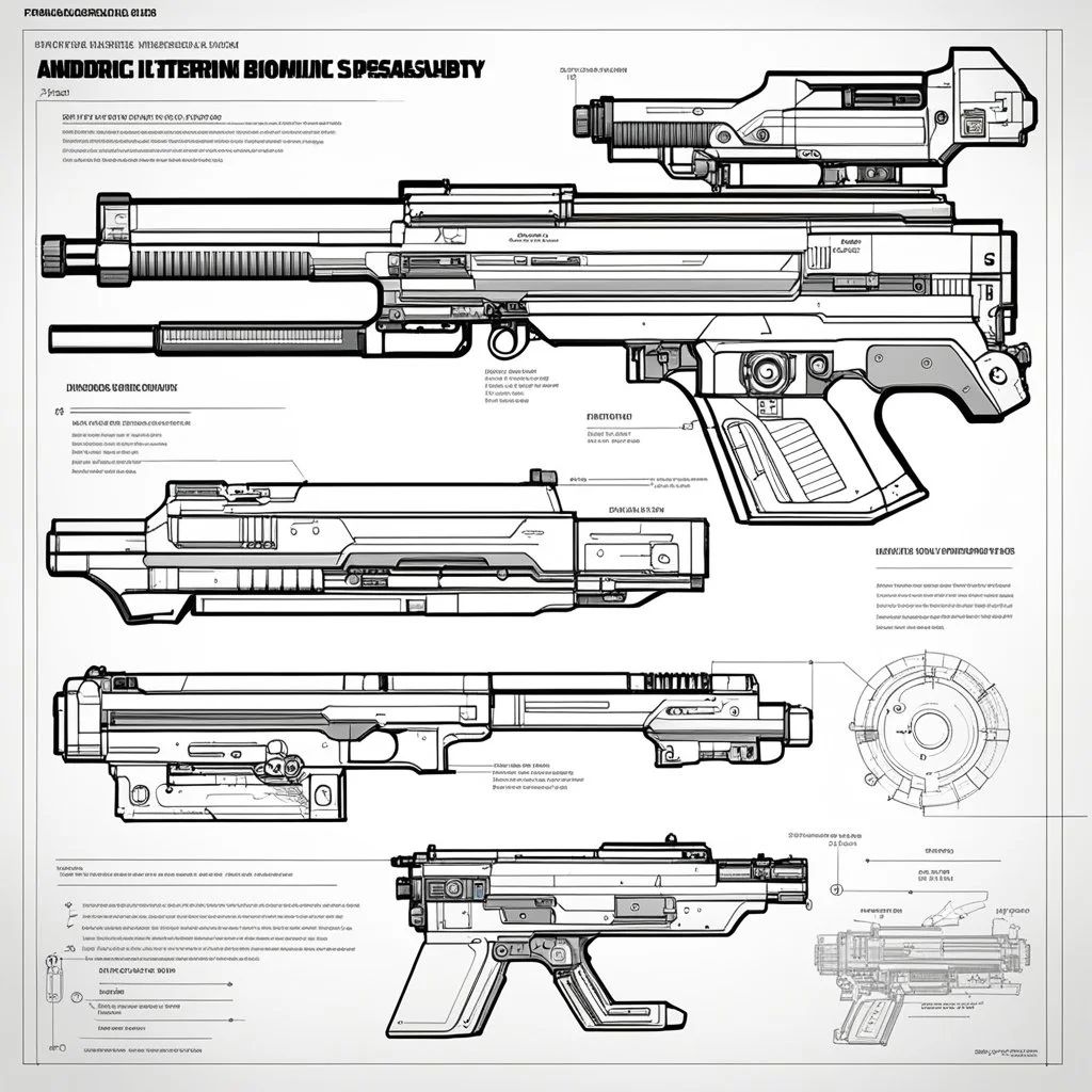 double internal page of the ASSEMBLY & DISASSEMBLY GUIDE FOR Futuristic Biometric Assault Rifle Blueprint Android Spec Sheets Diagrammatic Illustrations for androids, detailed instructions and diagrams