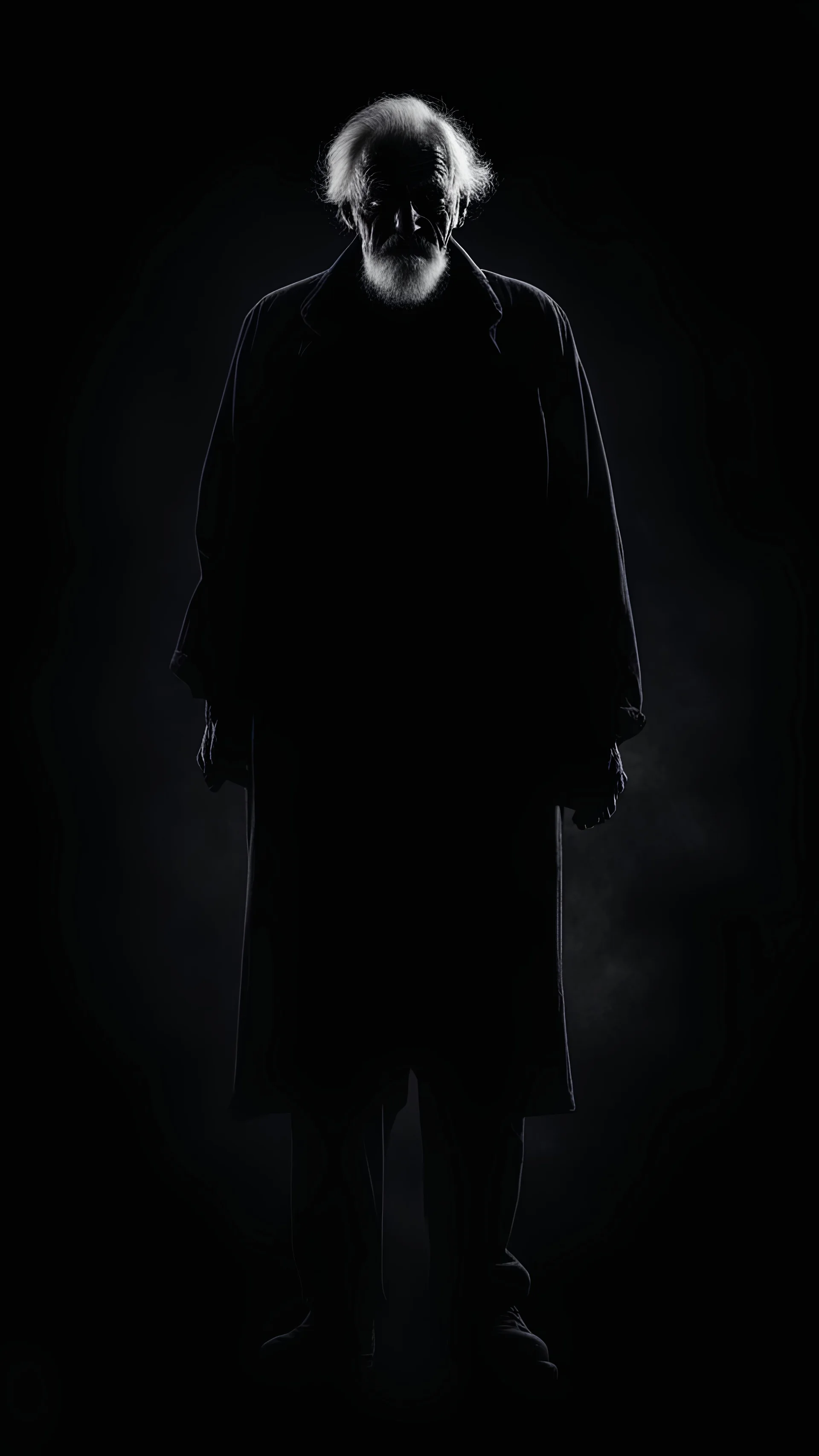 Creepy silhouette of a scary grandfather in full growth on a black background