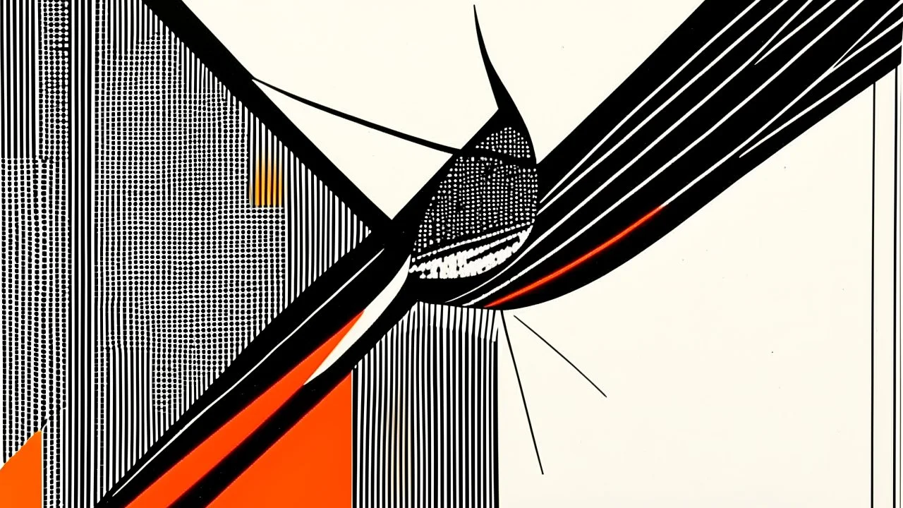 Bird; Cross Hatching; Ilya Bolotowsky; Optical Art; Black and white with splashes of orange