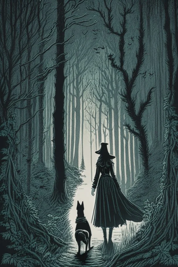 in the style of a Henry Justice Ford drawing, a beautiful witch walks through a dark forest, a dog is seen standing at the horizon waiting for her