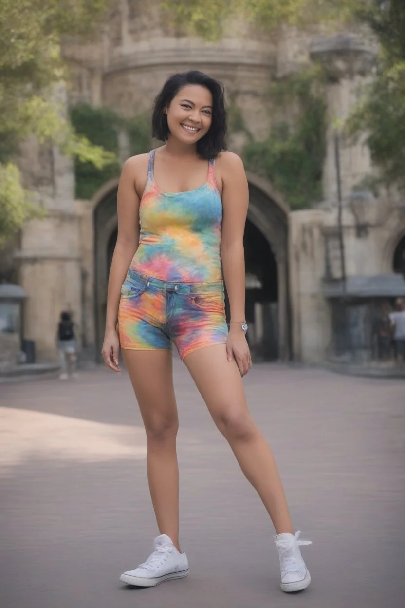 a hot, extremely well-endowed female with short, crew-cut, Black Hair, wearing a tight, ill-fitting, colorful, multicolored tie-dye swim suit top, and extremely short jean shorts, and converse sneakers, posing at Disneyland