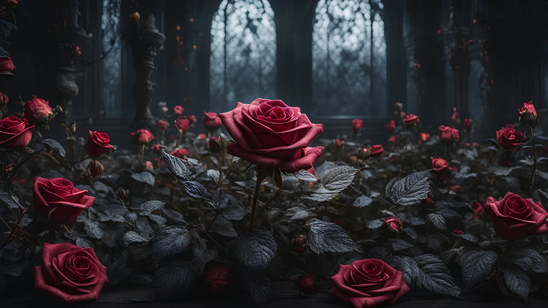 (dark magic), (grim), rose by Anato Finnstark, (intricate details), (hyperdetailed), 8k hdr, high detailed, lot of details, high quality, soft cinematic light, dramatic atmosphere, atmospheric perspective