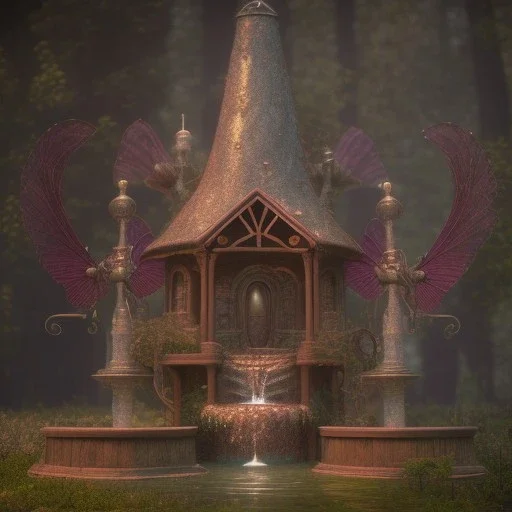 a fairy fountain, scary, steam punk, realistic, made in octane, cinematic, ultra-realistic, extremely detailed octane rendering, 8K, VRAY Super Real ar 2:3, dof photorealistic futuristic 50mm lens hard lighting dark gray tintype photograph, realistic lighting, sepia color