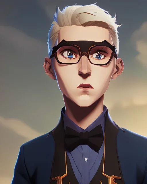 tall young man witbh square glasses, blonde hair and grey eyes. He wears blue shirt, dark tails, bow tie and chimney pot hat. He is flying between the stars